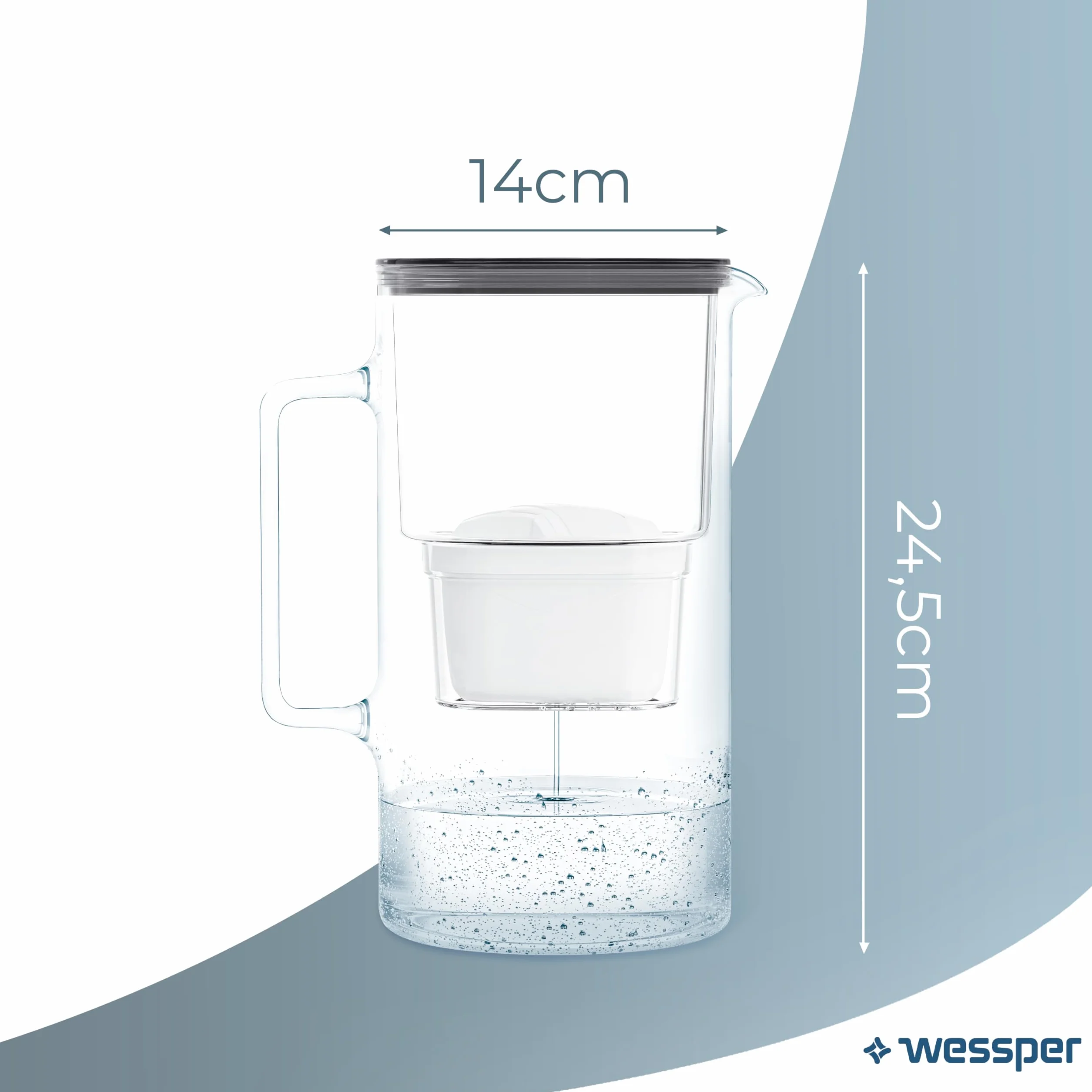 Wessper Caraffa Filtrante Acqua con Indicatore a LED, 3 Litri, Brocca con Cartuccia Filtro Acqua, Caraffa Acqua Filtrante in Vetro, Senza BPA “BPA FREE” - Nero