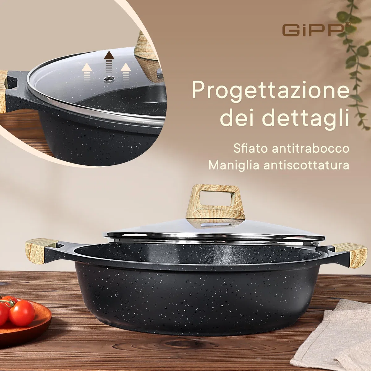 GiPP Tegami da 32 cm, Struttura in Alluminio Pressofuso, Pentola Bassa Antiaderente Ad Alte Prestazioni con Coperchio in Vetro, Tutti Fornelli y Induzione Senza PFOA