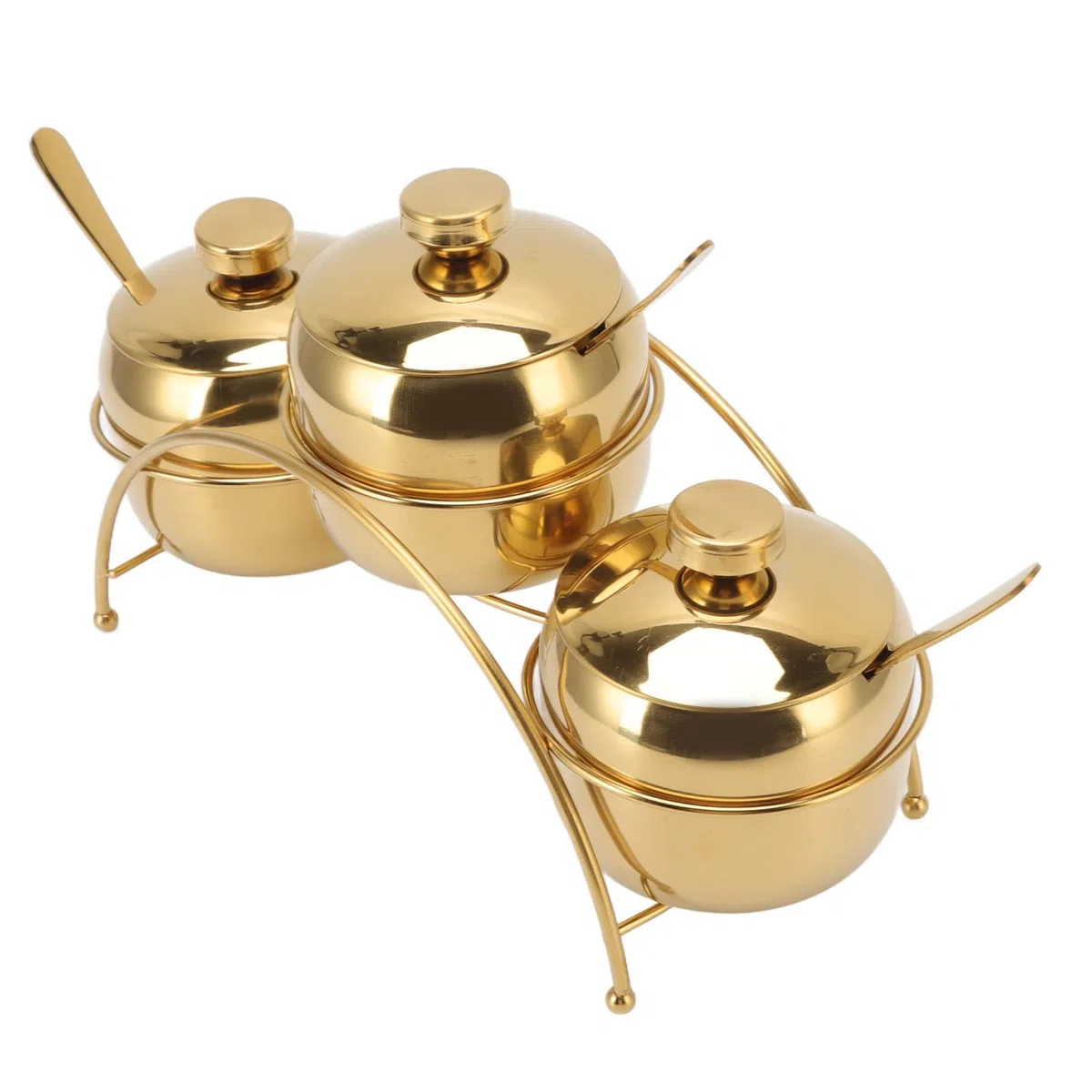 Set di barattoli per condimenti, in acciaio inox, per sale e pepe, con coperchio e cucchiaio, per condimenti da cucina, con ripiano (dorato)