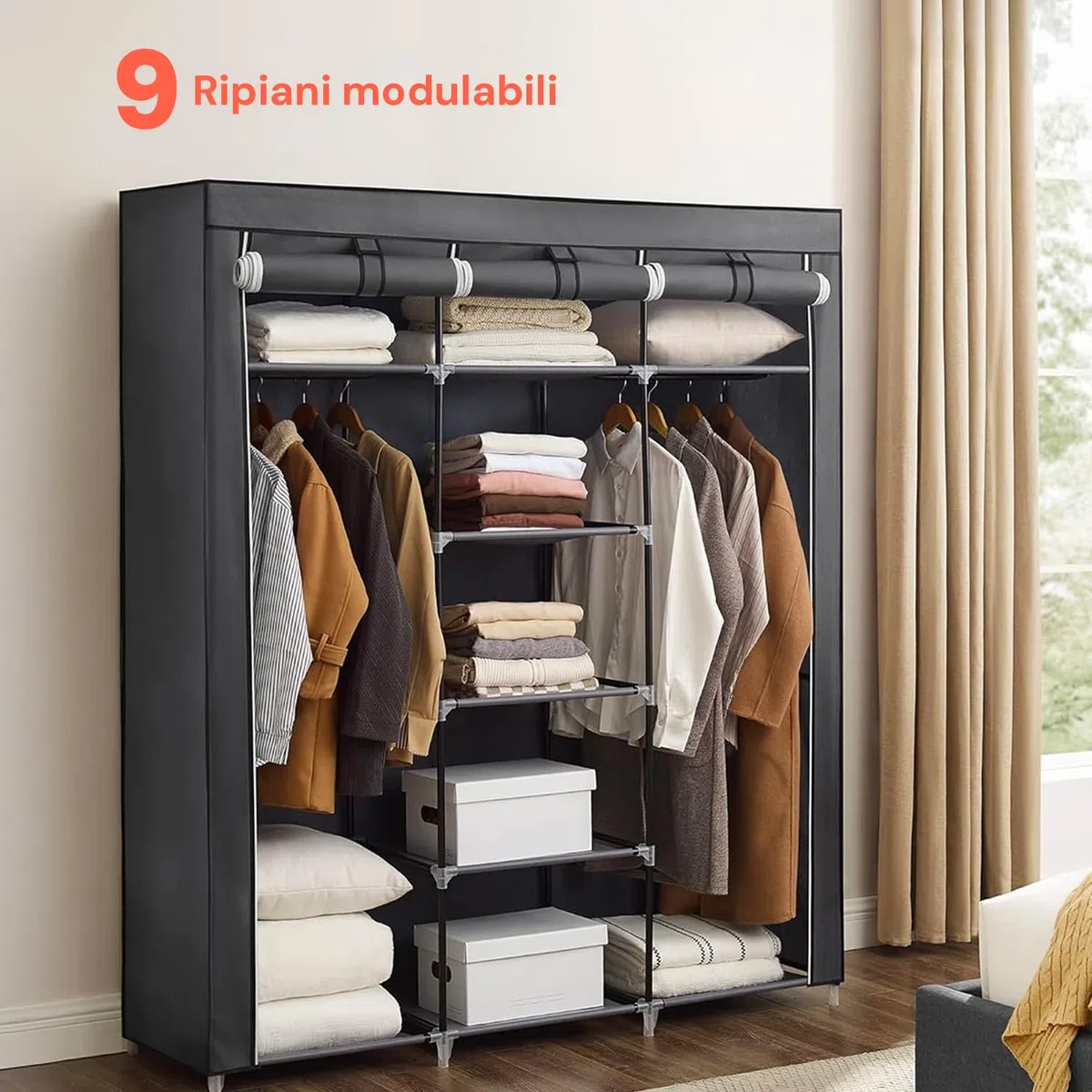 Avilia Armadio in Tessuto con Telo Zip – Guardaroba Salvaspazio con 9 Ripiani, 150x45x175 cm – Armadio Portaoggetti per Camera, Bagno o Soggiorno – Facile da Montare, 5 kg a Ripiano