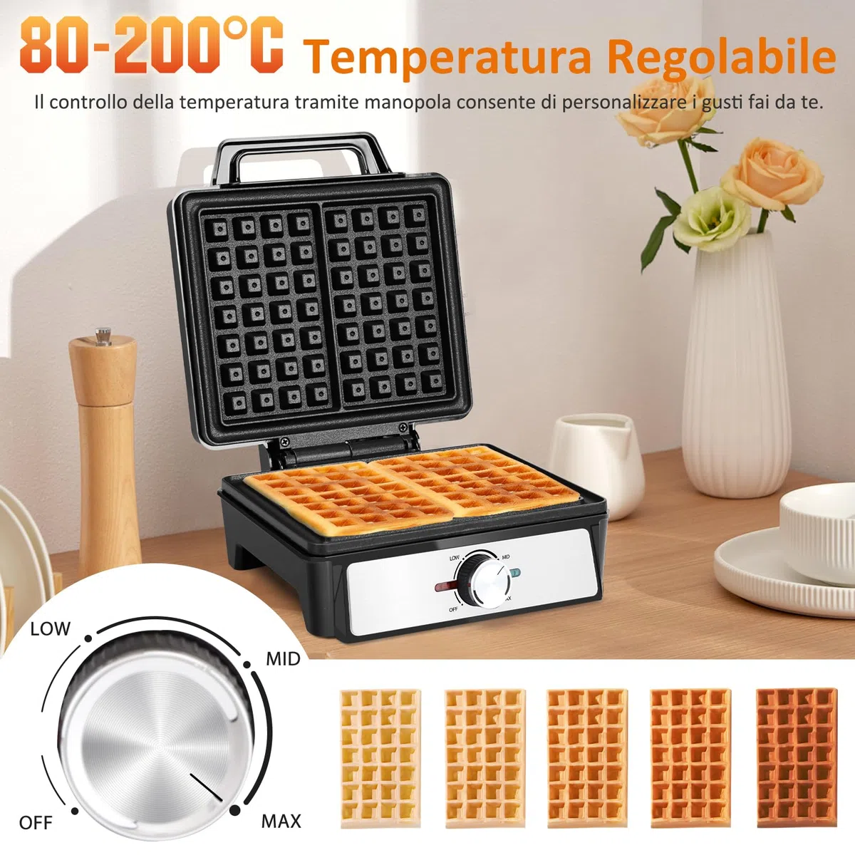 Aigostar Waffle Maker per 2 Waffle Belgi, 1600W, Piastre Antiaderenti 20,2 x 17,2 x 2 cm, Piastra per Waffle con Temperatura Regolabile, Indicatore LED, Design Compatto in Acciaio Inox, Senza BPA