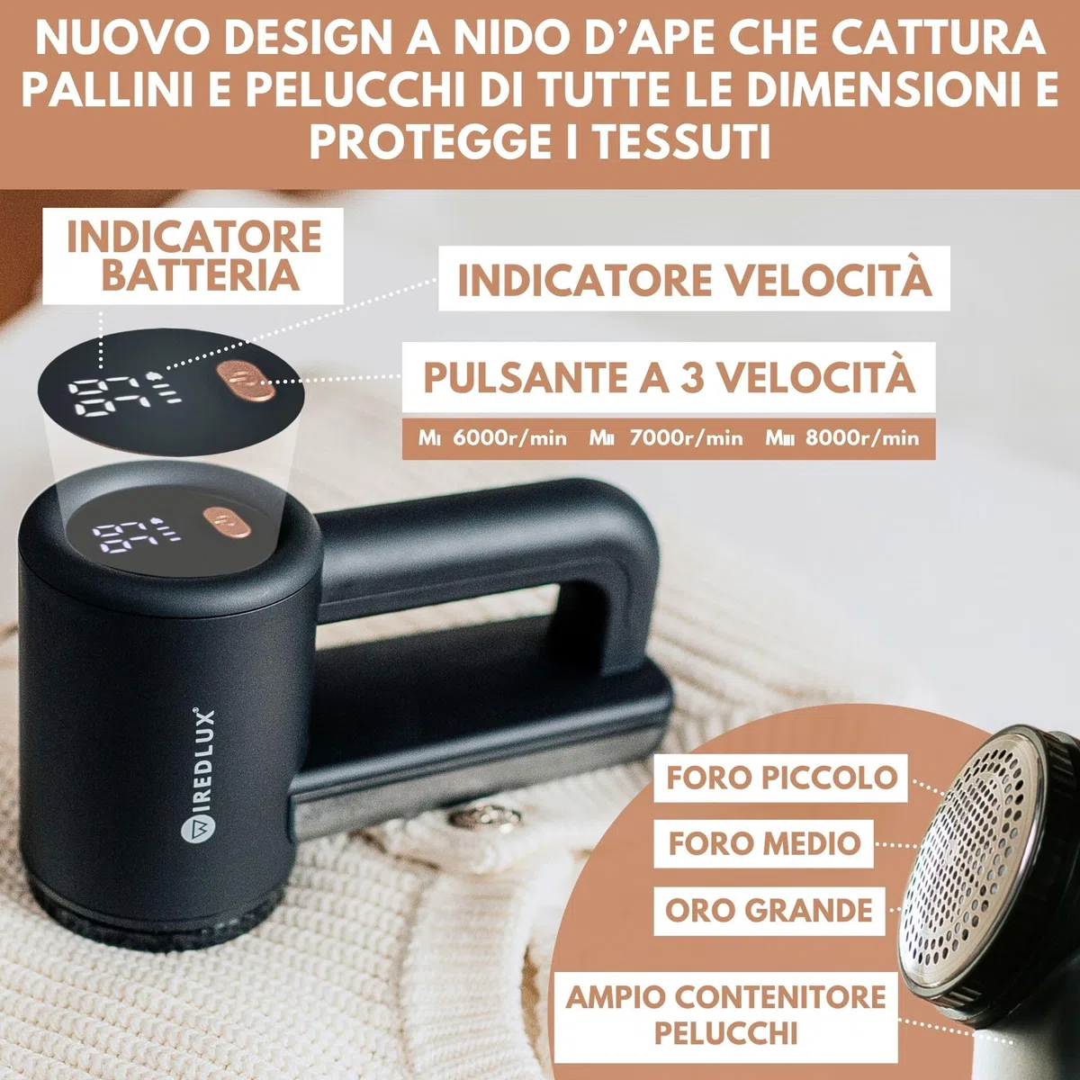 Levapelucchi Elettrico WiredLux - Levapelucchi Ricaricabile per Vestiti e Mobili - 3 Velocità Regolabili, Spazzola a 6 Lame, Display a LED, Ricarica USB (Nero)