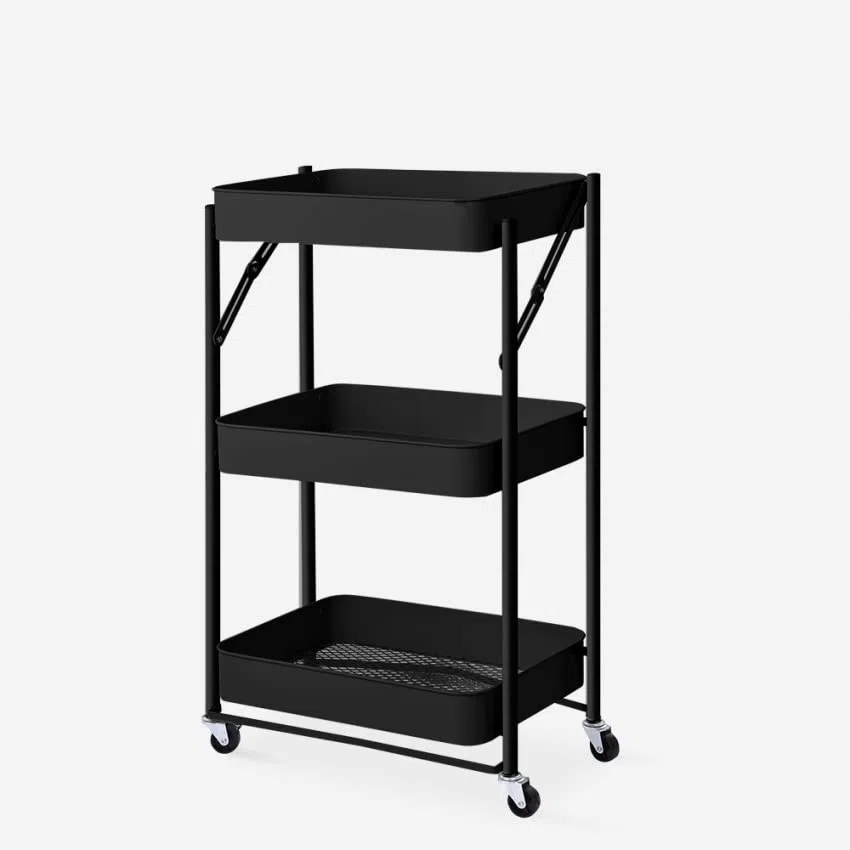 Carrello da cucina pieghevole portavivande 3 ripiani con ruote Pikas - Nero