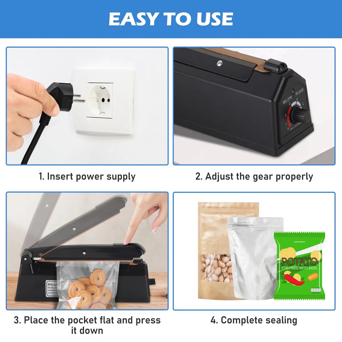 Sigillatrice a caldo, 200 mm, saldatrice a pellicola, sigillatrice per controllo della temperatura, sigillatrice a caldo, 3 mm di larghezza della guarnizione, saldatrice a travi, impulse Heat Bag