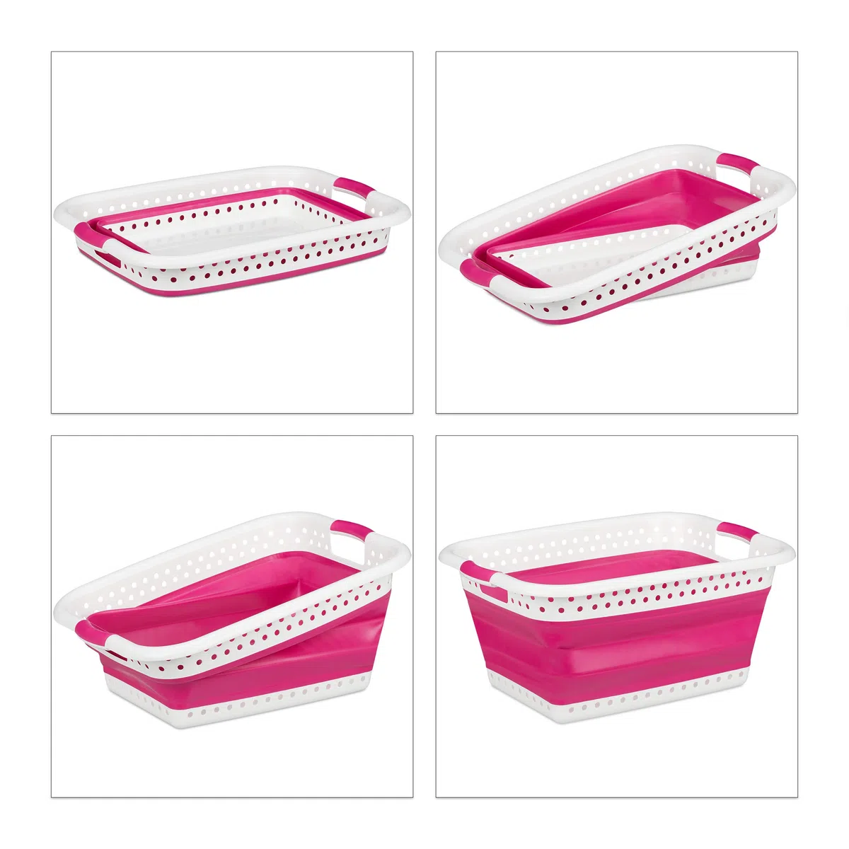 Relaxdays Cesto Portabiancheria Pieghevole con Manici, Plastica e Silicone, Salvaspazio, HxLxP: 27 x 61 x 45,5 cm, Pink