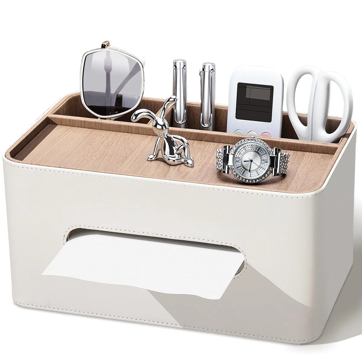 KINGFOM Porta fazzoletti rettangolare con 2 scomparti, Multifunzione fazzoletti box in pelle PU, Organizer da scrivania per ufficio, casa, bagno (Beige)