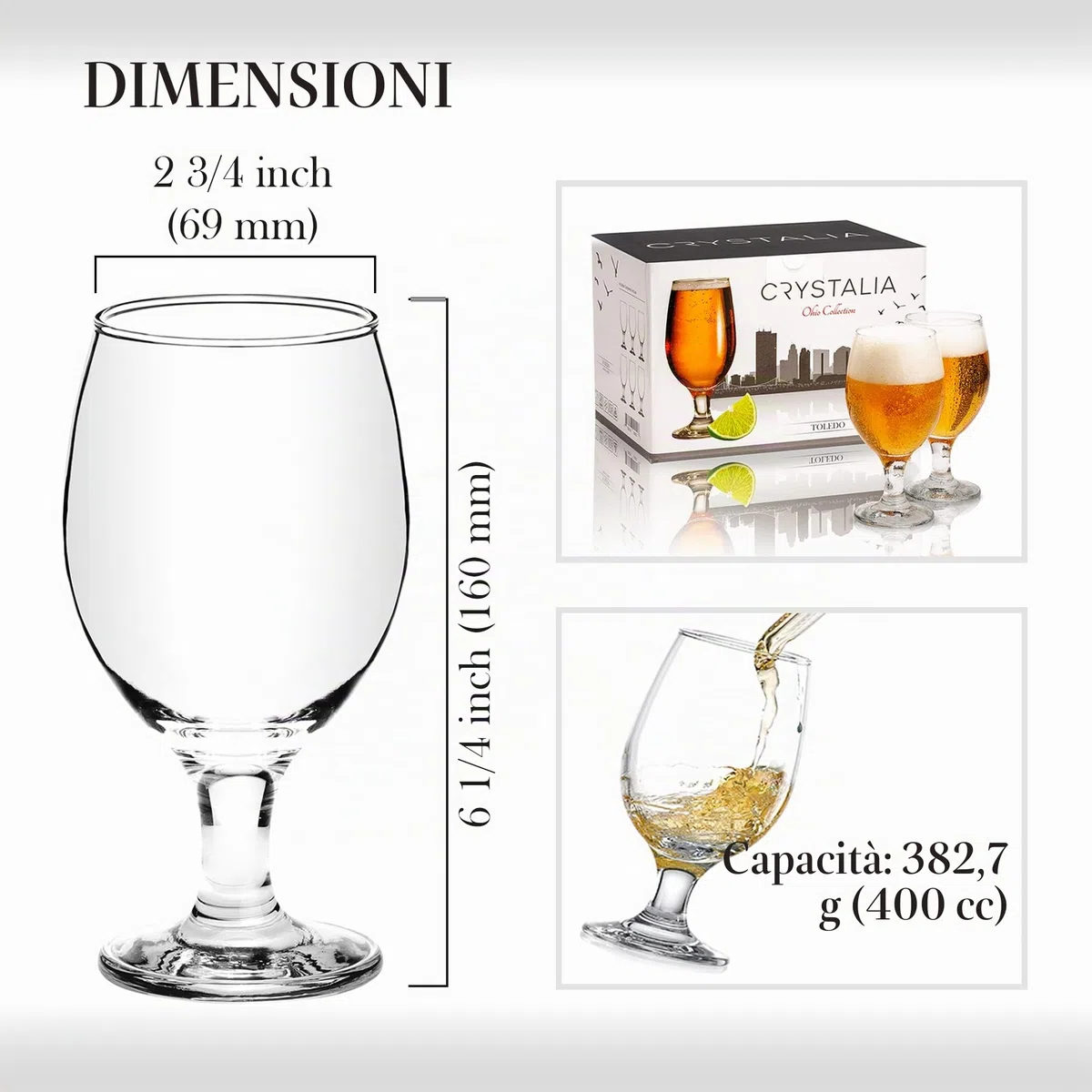 CRYSTALIA Calici da Birra Bicchieri Set 6, 400 ml, 100%SENZA PIOMBO Bicchieri Con Stelo, da Degustazione di IPA Belga, a Tulipano, Snifter, a Calice