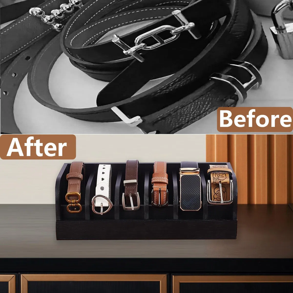 Organizer Cassetti per Cinture, 6 Scomparti Espositore per Cintura Portacinture-Porta Cintura in Bambù per Armadio e Cassetto, Organizer per Cinture da Uomo e da Donna
