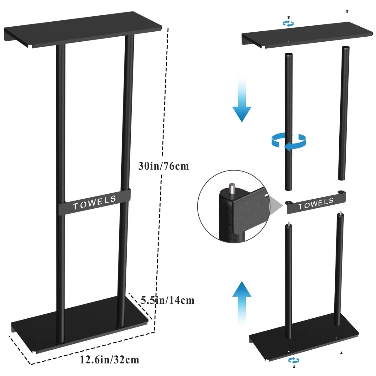 STWWO Mensole Portasciugamani da Bagno Porta Asciugamani da parete Nero 76cm Porta Salviette Grandi Asciugamani Organizer Portasciugamani Verticale con ripiano per Bagno Cucina Toilette