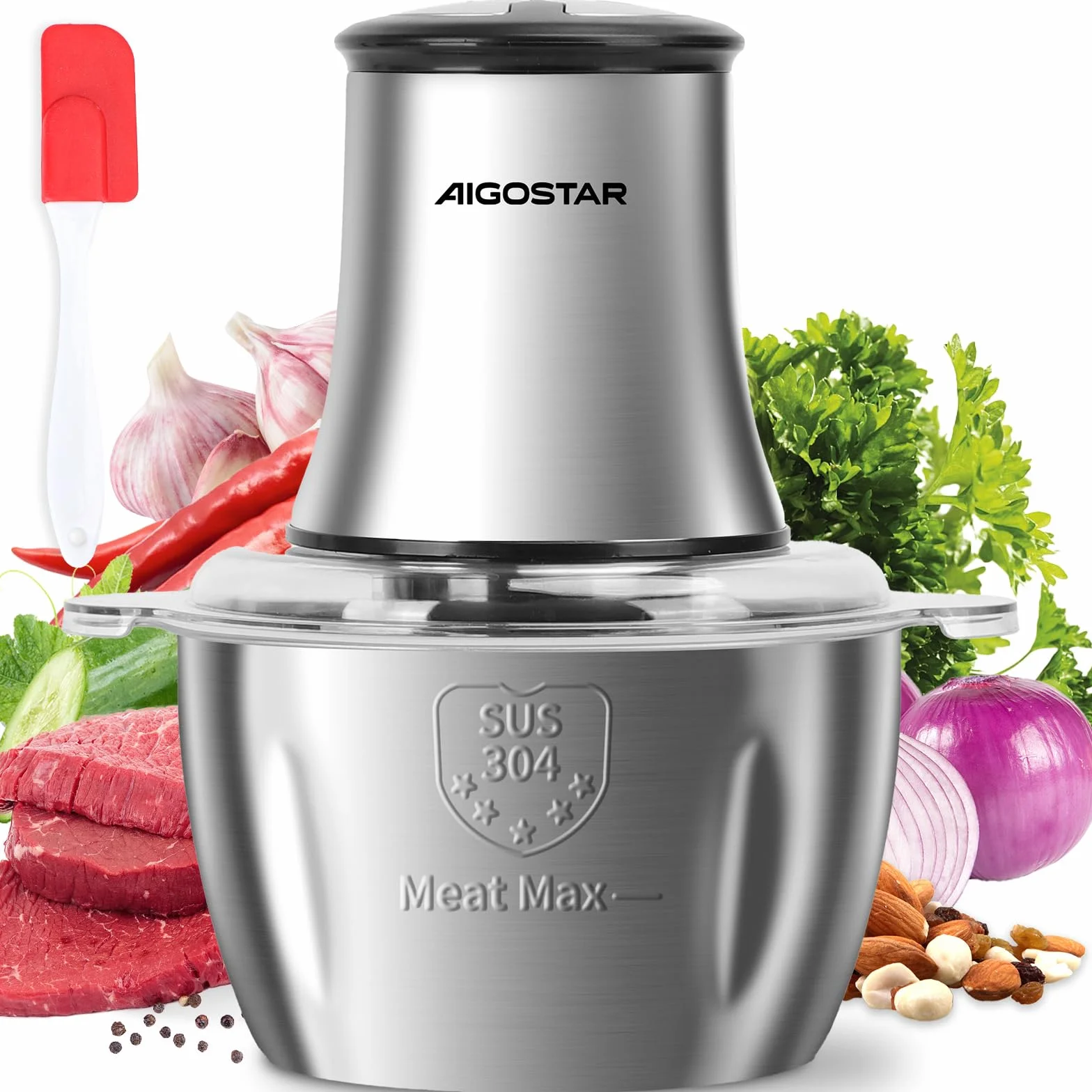Aigostar Tritatutto Elettrico 500W, Tritacarne da Cucina con 4 Lame in Acciaio Inox, Ciotola da 1,8L, 2 Velocità, Ideale per Carne, Verdure e Frutta Secca, Flor