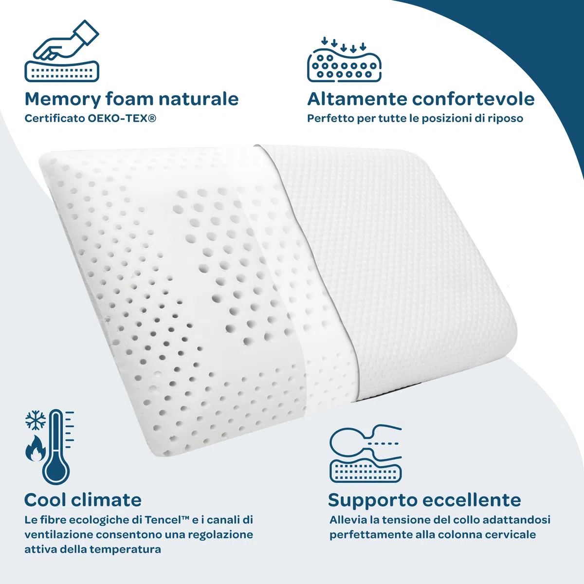 DOLCI SOGNI - Cuscino Memory Foam Ergonomico 70x40x12 con Fibra Tencel – Cuscino Letto Traspirante per Collo, Schiena e Spalle – Supporto Cervicale e Comfort Duraturo – Certificato OEKO-TEX