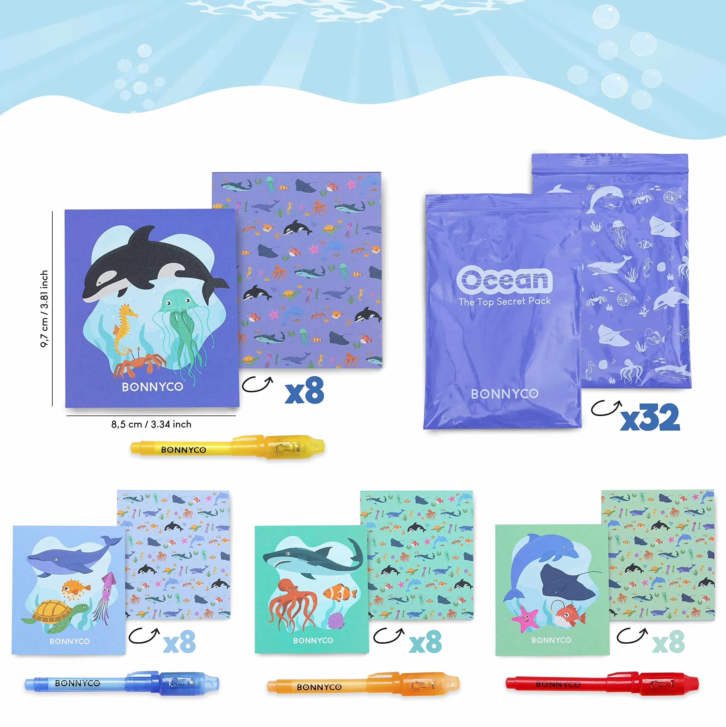 BONNYCO Penna Invisibile e Taccuino, 32 Pezzi Oceano Gadget Compleanno Bambini. Regalini Fine Festa Compleanno Oceano, Regalino Fine Festa. Giocattoli Pignatta, Gadget Bambini Scuola Bomboniere