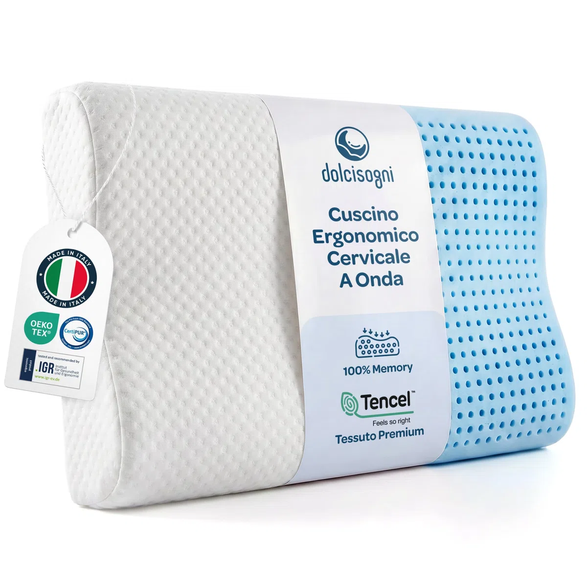 DOLCI SOGNI - Cuscino Cervicale a Onda Per Dormire in Memory Foam | Guanciale Ortopedico Doppia Altezza 9/12cm Ideale per Supporto Ergonomico a Testa e Collo | 100% Made in Italy con Fodera in Tencel