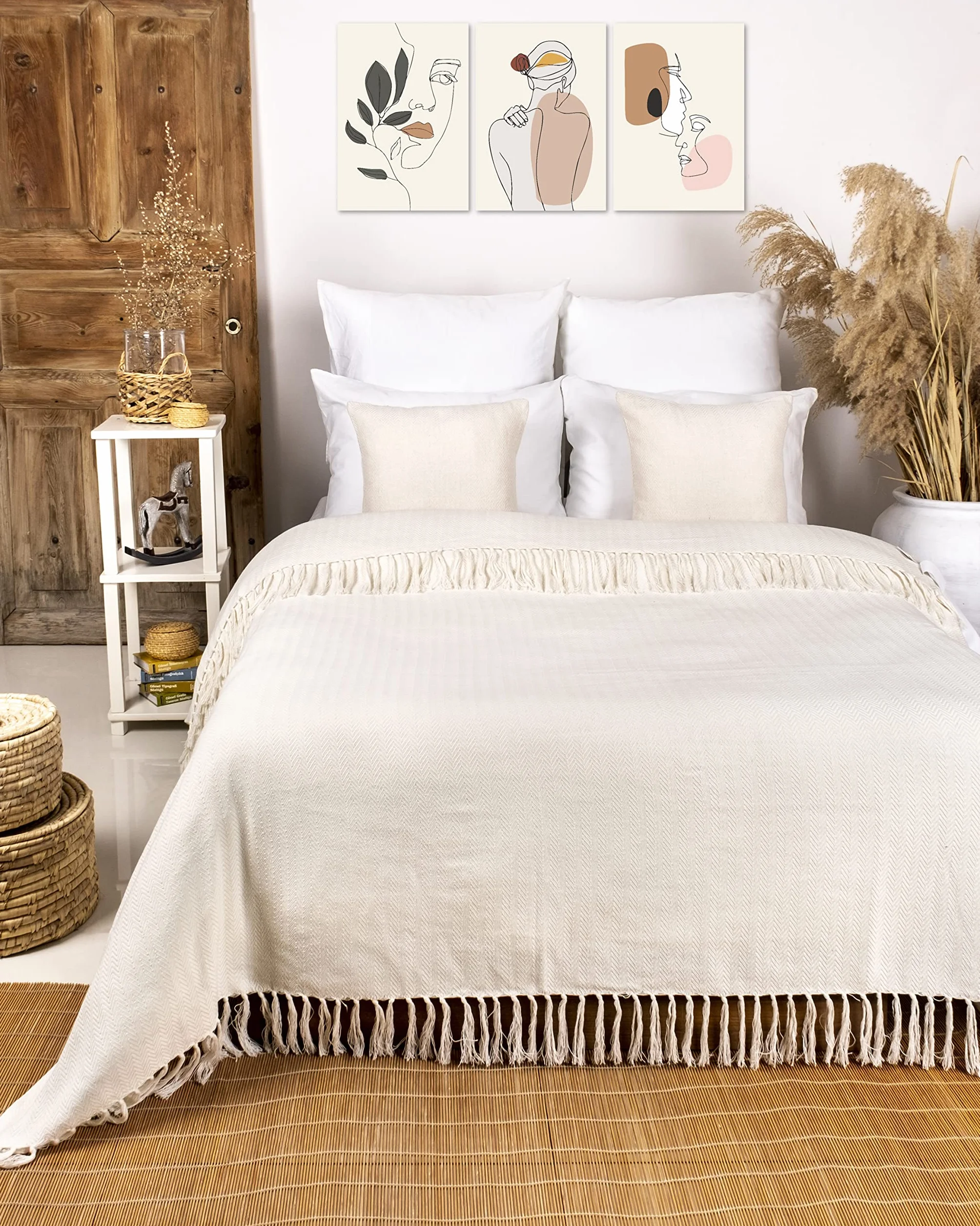 Gräfenstayn Premium Copriletto con frange - 100% cotone - 220 x 240 cm XXL - Coperta estiva a spina di pesce - Coperta di cotone come coperta da letto, coperta da divano (Crema)