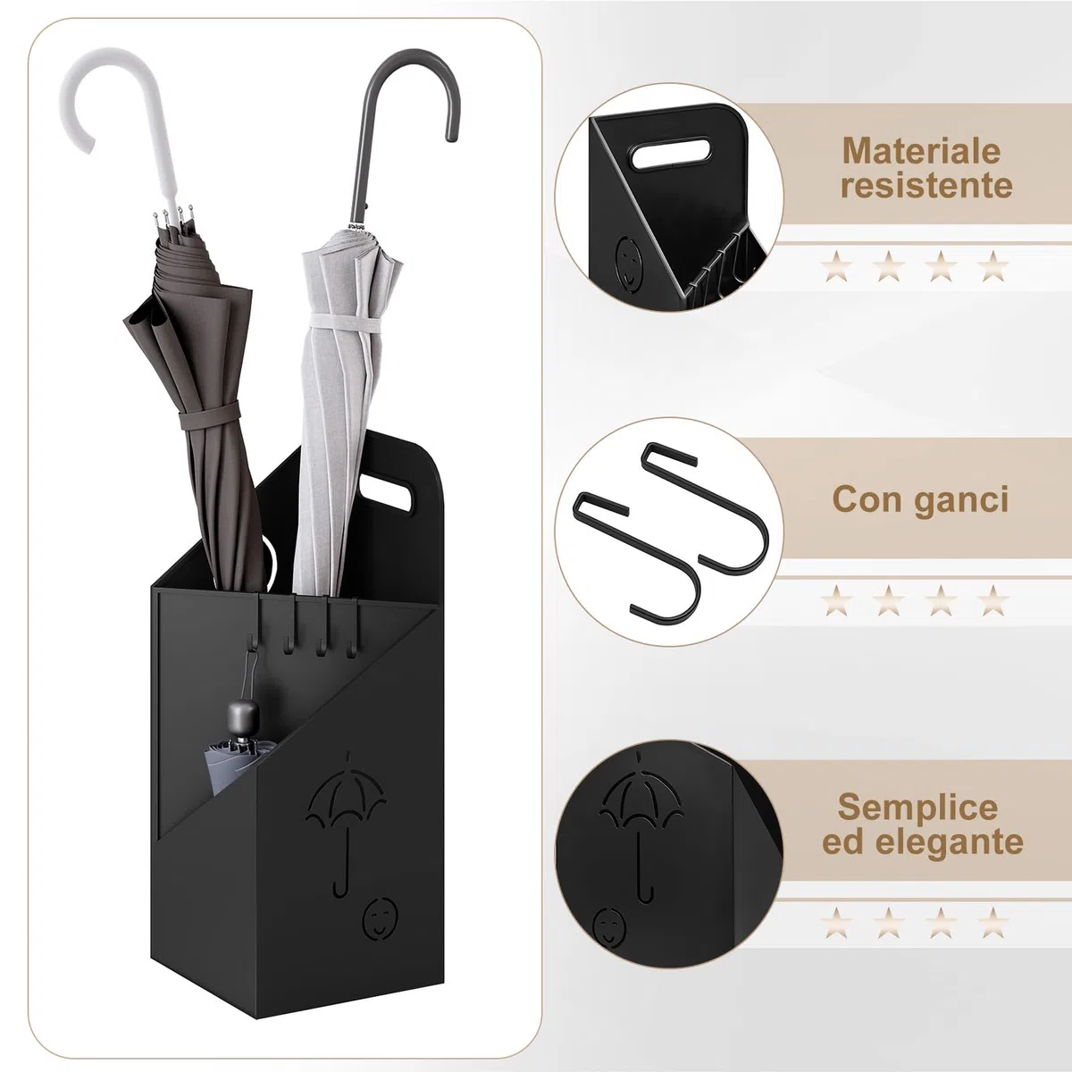 WOLTU Portaombrelli con 4 Ganci e 2 Aree Separate, in Metallo Antiruggine, con Design a Conca e Sorriso, per Corridoio, Ingresso, Nero