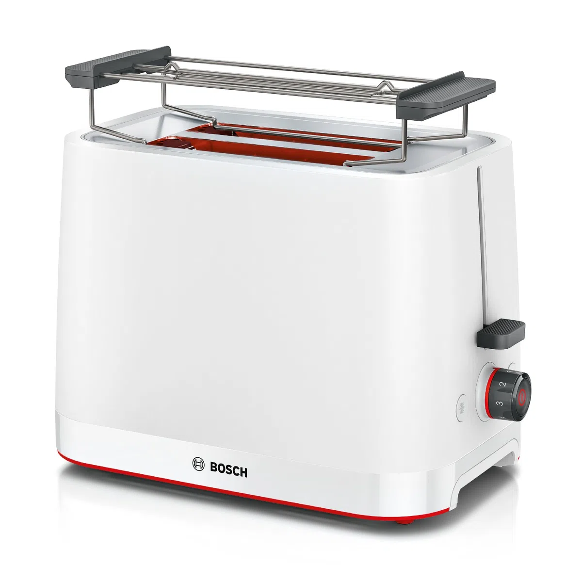 Bosch Tostapane Compatto TAT3M121, 950 W, Tostatura Uniforme, Espulsione Automatica, Vassoio Raccogli-Briciole, Funzione Scongelamento e Riscaldamento, Spegnimento Automatico, Bianco