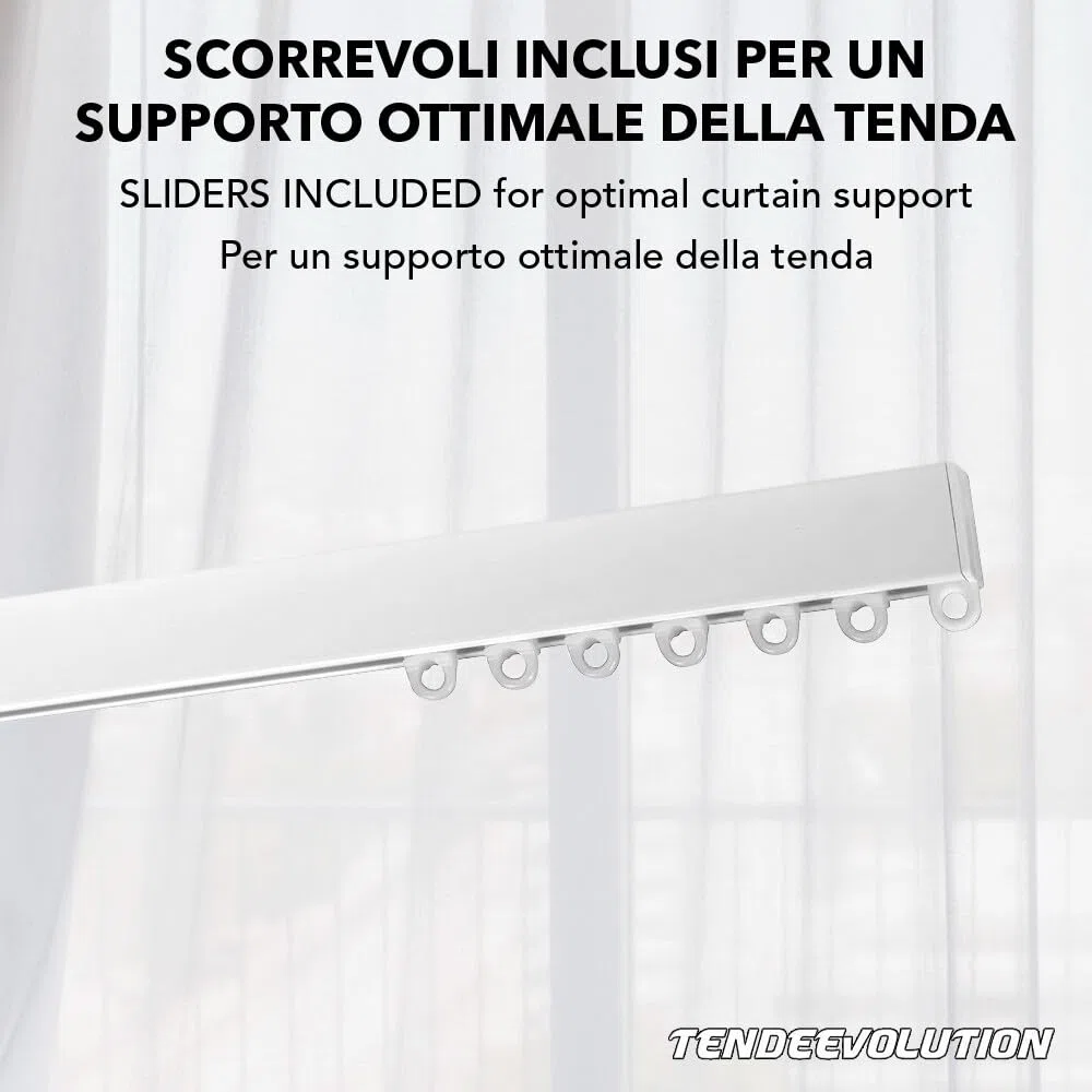 Binario Tenda Soffitto Lineare in Alluminio Bianco Personalizzabile, Completo di Accessori per il Fissaggio, Movimento Manuale, Bastone Tende a Soffitto o Parete (280CM MOVIMENTO MANUALE SENZA CORDA)