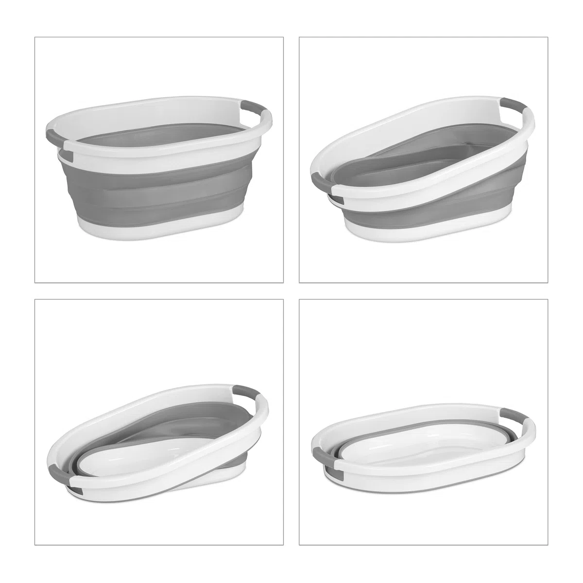Relaxdays Cesto Portabiancheria Pieghevole, 36 Litri, Contenitore Salvaspazio in Plastica con Impugnature, Grigio Bianco