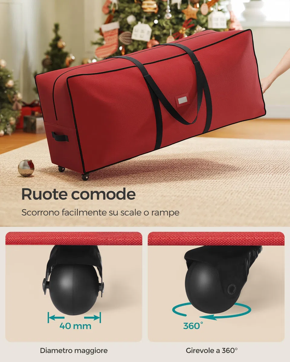 SONGMICS Borsa per Albero di Natale con Ruote da 4 cm, Custodia per Albero fino a 229 cm, per Albero Smontabile, Maniglie Regolabili, Tessuto Oxford 600D, Rosso Ciliegia RXS004R03