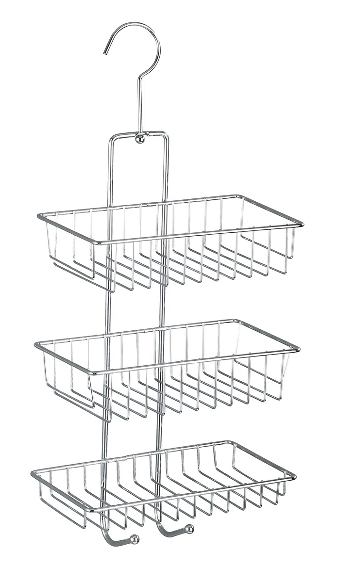 WENKO Portaoggetti appendibile per doccia Nivala - scaffale per la doccia con 3 ripiani, 2 ganci, Acciaio, 22 x 50 x 13.5 cm, Cromo