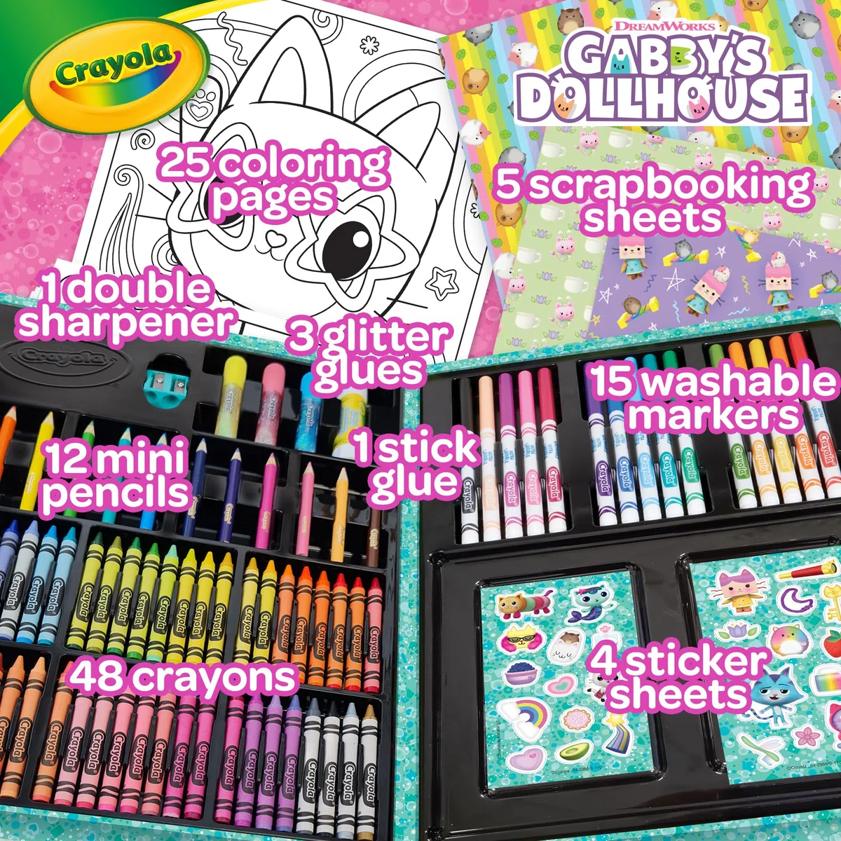 CRAYOLA - Valigetta dell'Artista Gabby's Dollhouse, Kit Creativo con 115 Pezzi, Pennarelli, Matite, Cere, Colle Glitter, Adesivi, Fogli da Colorare, Regalo per Bambini, da 5 anni, 04-2966