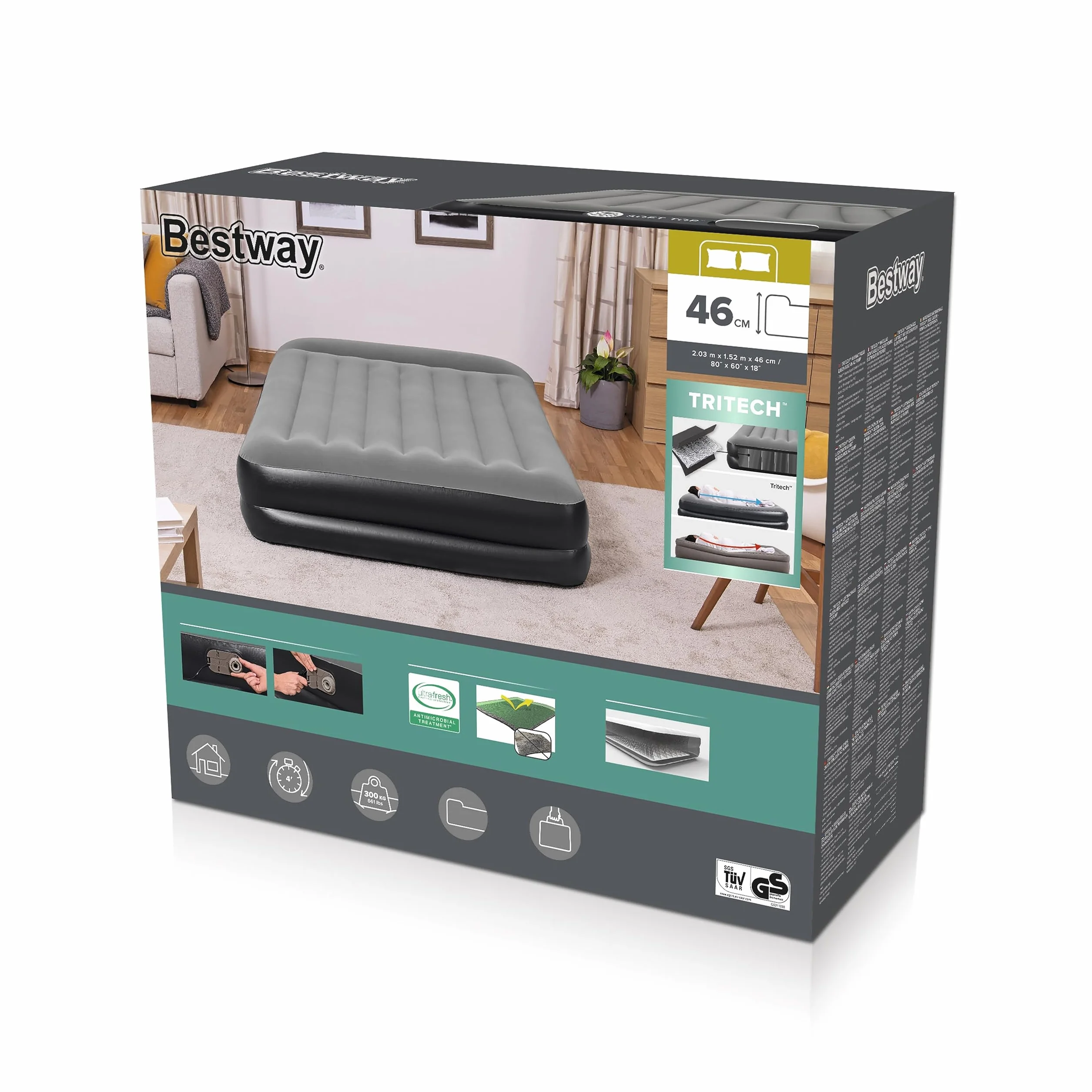 Bestway 67403EU - Materasso matrimoniale gonfiabile Queen 203 x 152 x 46 cm, pvc, Nero