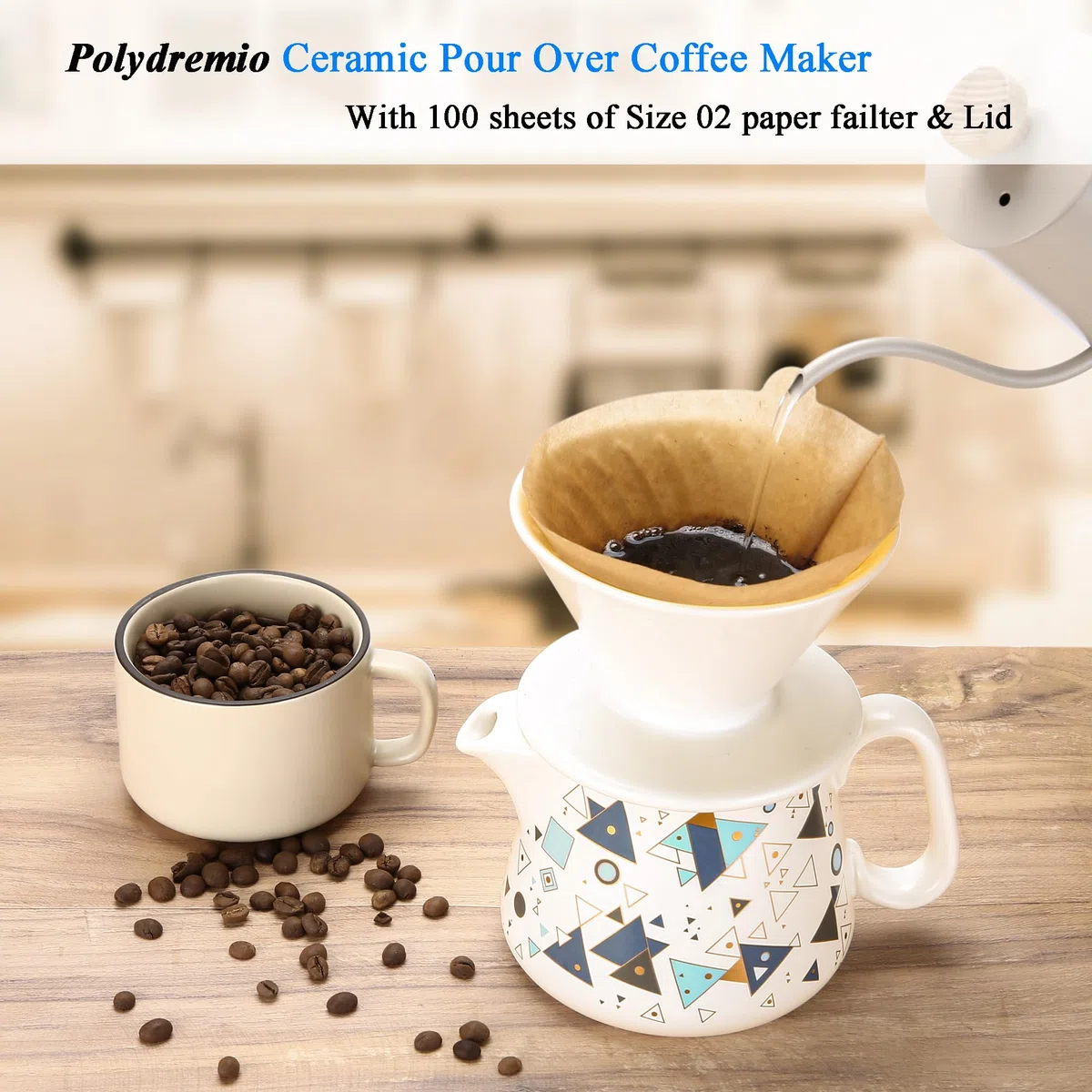 Macchina da caffè versare, gocciolatore in ceramica con 100 filtri di carta misura 02, server da caffè in ceramica con coperchio, 450 ml, adatto per 1-2 persone (bianco A)