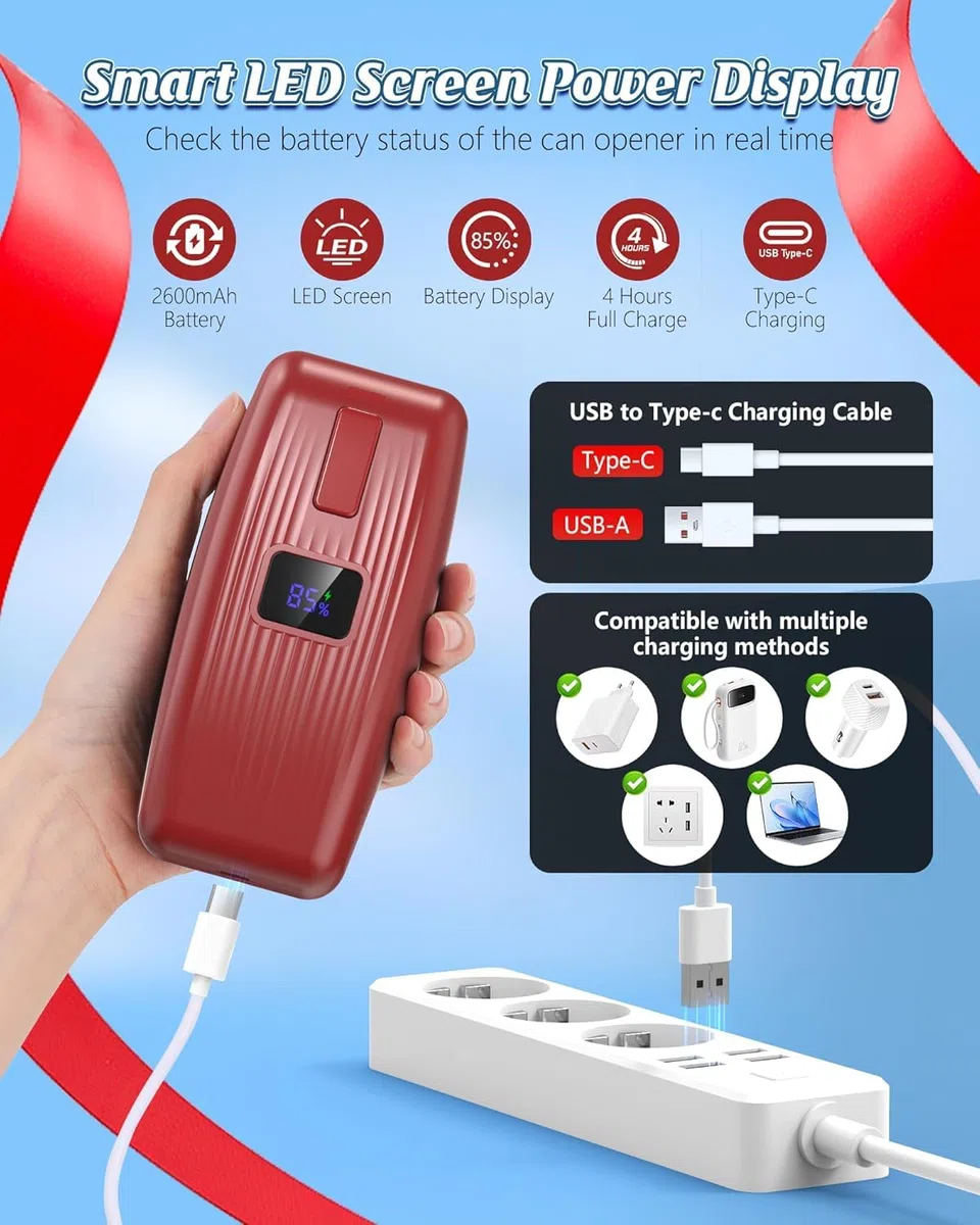 Apriscatole elettrico automatico con funzionamento one-touch, apriscatole elettrico intelligente per anziani, apriscatole ricaricabile per tutte le dimensioni – rosso