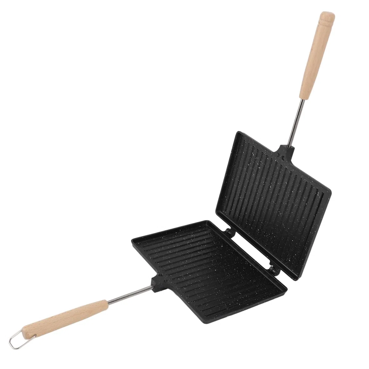 Piastra Doppio Lato per Toast, Padella Multifunzionale con Manico in Legno, Rivestimento Antiaderente