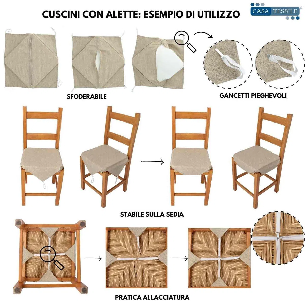 Casatessile Cuscini Sedia sfoderabili con Alette Eldorado Cuscini Cucina in Cotone,cm 38x38 Imbottitura Alta 3,50 - Marrone, Set 4 PCS