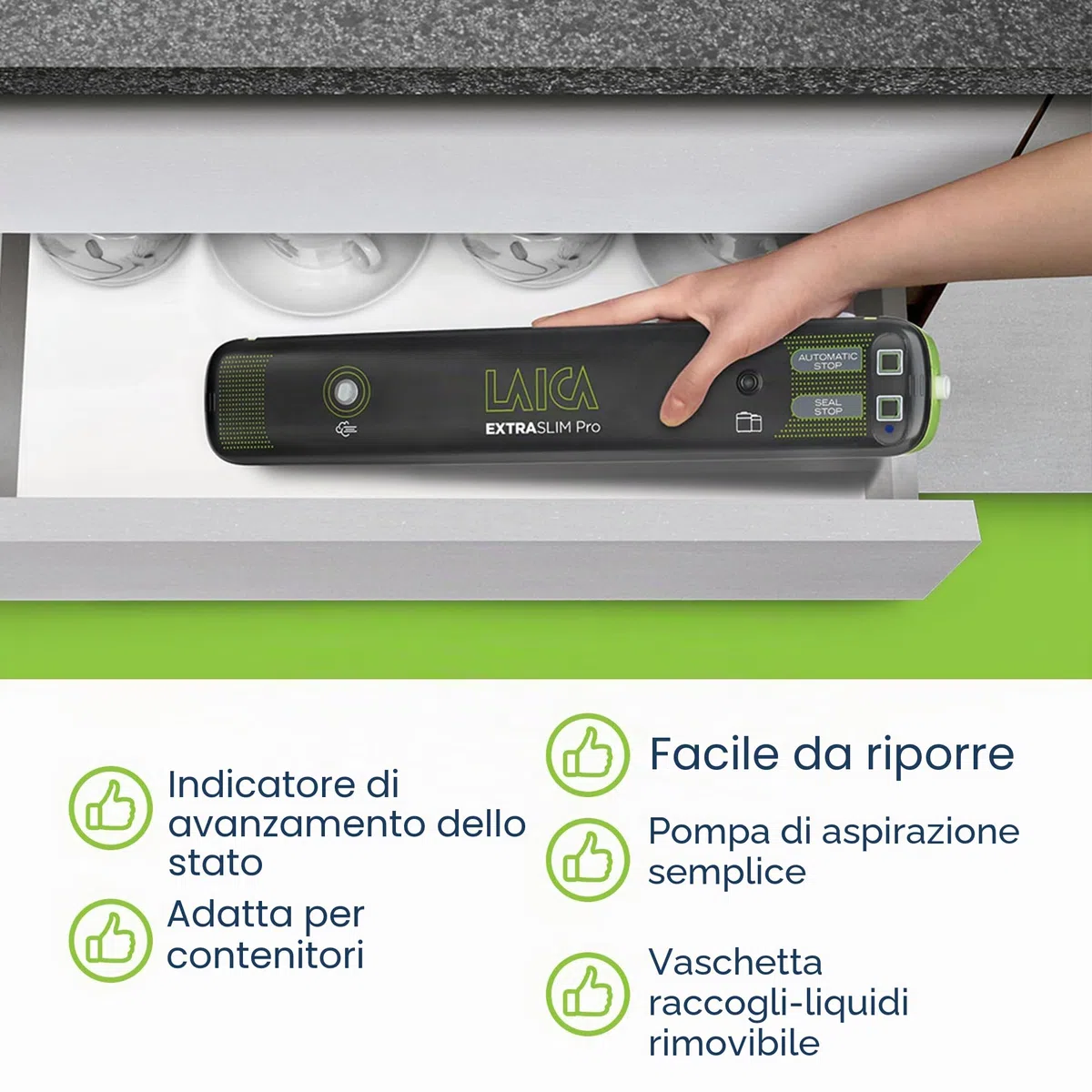 LAICA VT3104 Macchina Sottovuoto - Dimensione Compatta, Mantiene i Cibi Freschi fino a 5 Volte Più a Lungo, Riduce gli Sprechi, 1 Rotolo Incluso