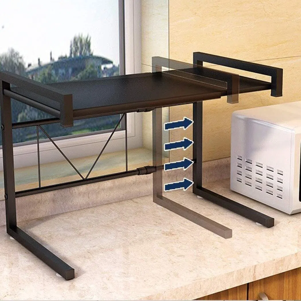 Supporto Extensible in metallo, Rastrelliera per Forno a microonde, ripiano espandibile e Regolabile in Altezza,Organizer da Cucina a 2 Livelli con 3 Ganci, Acciaio al Carbonio 42 cm (40-65 cm) nero