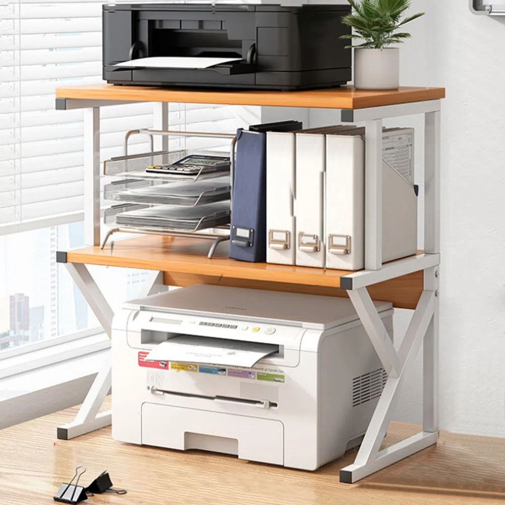 BAKAJI Mensola Porta Stampante Salvaspazio in Acciaio e Legno, Scaffalatura a 2 Ripiani con Piedini Anti Scivolo per Stampanti, Unità di Mensole Supporto da Ufficio Design Industrial (Beige + Bianco)