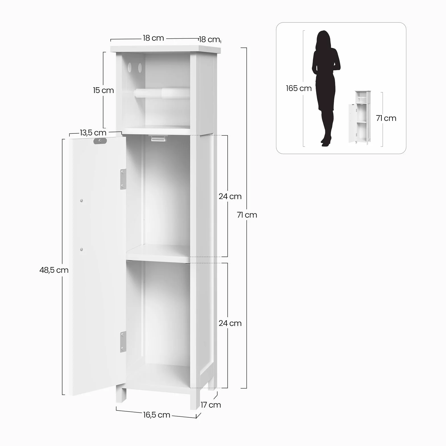 EUGAD Porta Carta Igienica da Terra, Mobile a Colonna, Mobiletto da Bagno Salvaspazio Stretto con Anta, Portarotolo Carta Igienica Bianco, in Legno, 18x18x71 cm