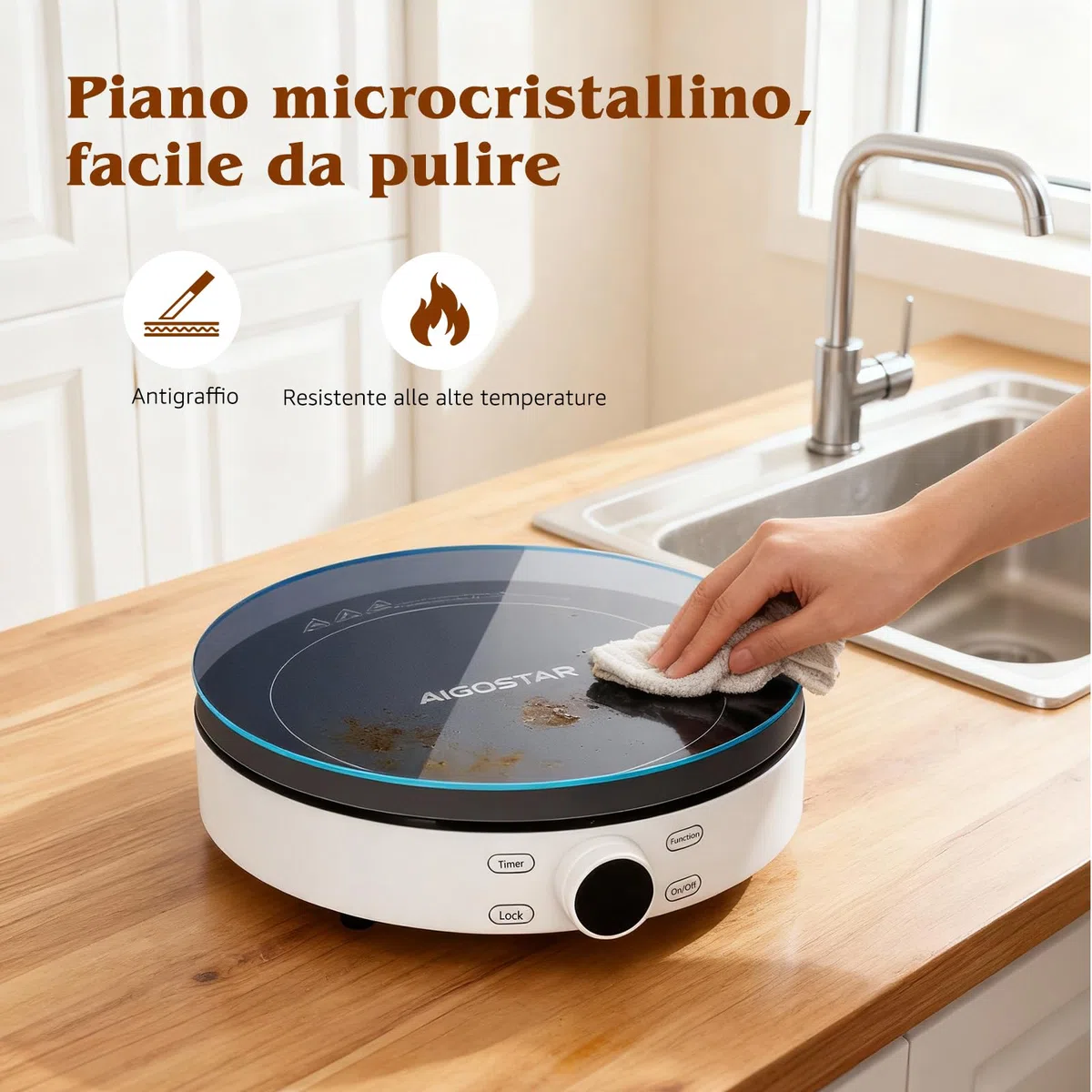 Aigostar Cookmate - Piastra a induzione da 2000W, fornello a induzione in vetroceramica. Controllo Touch con timer e spegnimento automatico. Adatto per pentole con fondo di diametro 12-26 cm.