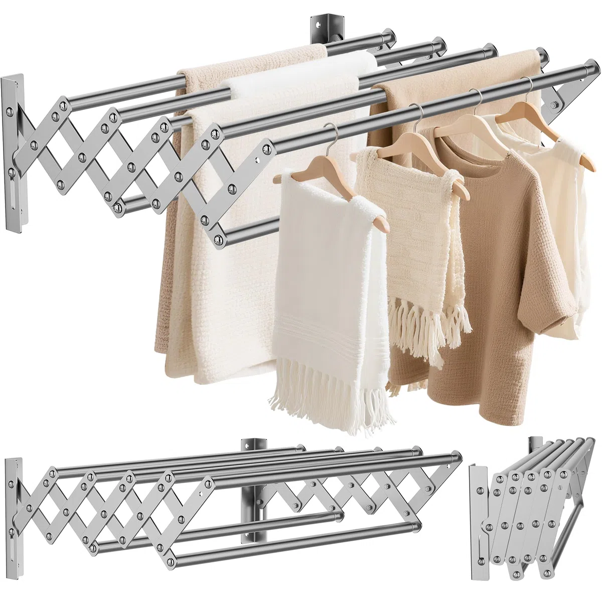 OUUTMEE Stendibiancheria a Parete in Acciaio Inox, Allungabile, Area Telescopica Anteriore e Posteriore: 12~36cm, con Sette Barre di Trazione, Capacità di Carico 25kg (Argento)