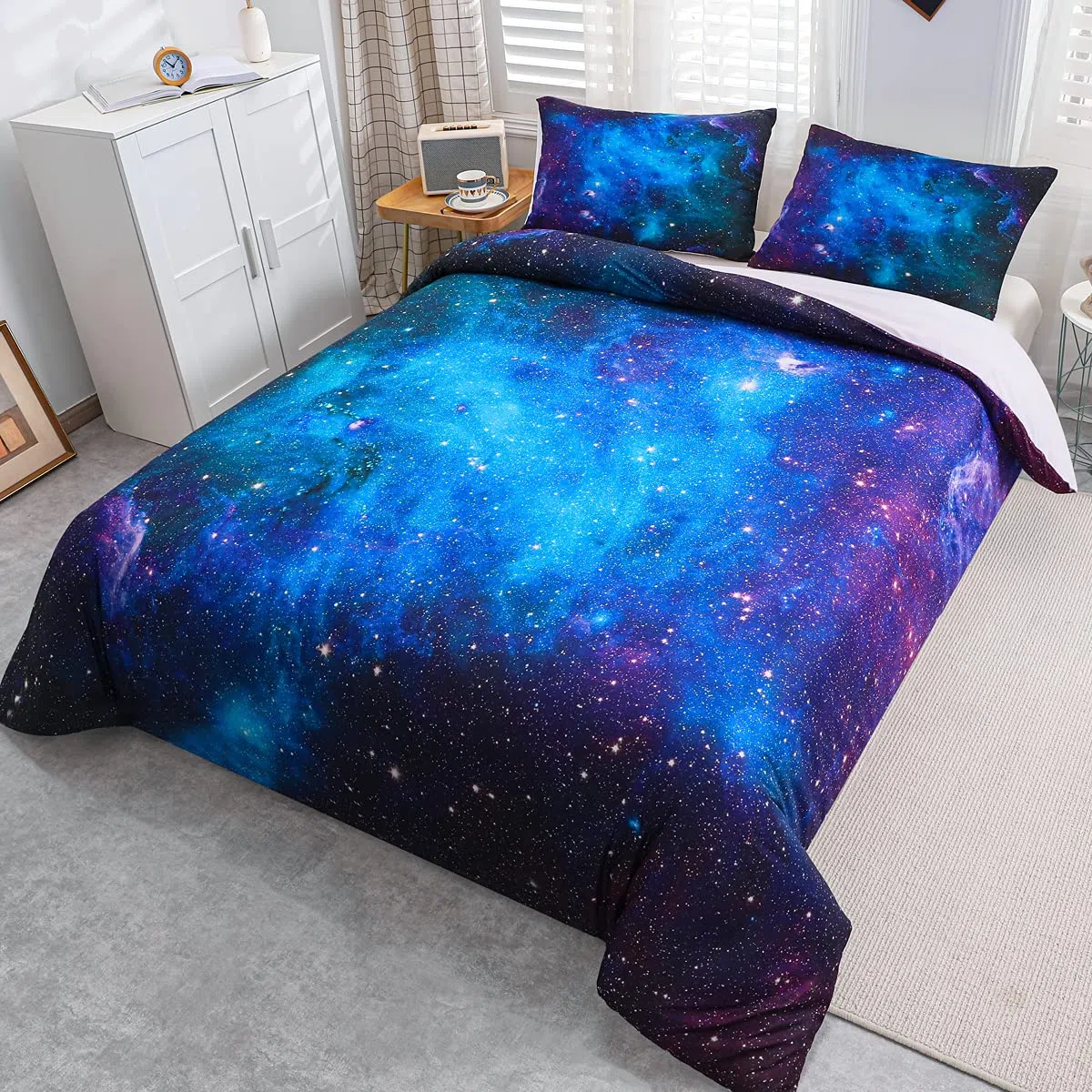Loussiesd Galaxy Bedding Set Singolo,Spazio Esterno con Motivo Galassia Stelle nello Spazio Celeste,astronomico e Pianeti,Decorazione per Biancheria da Letto Blu,Viola