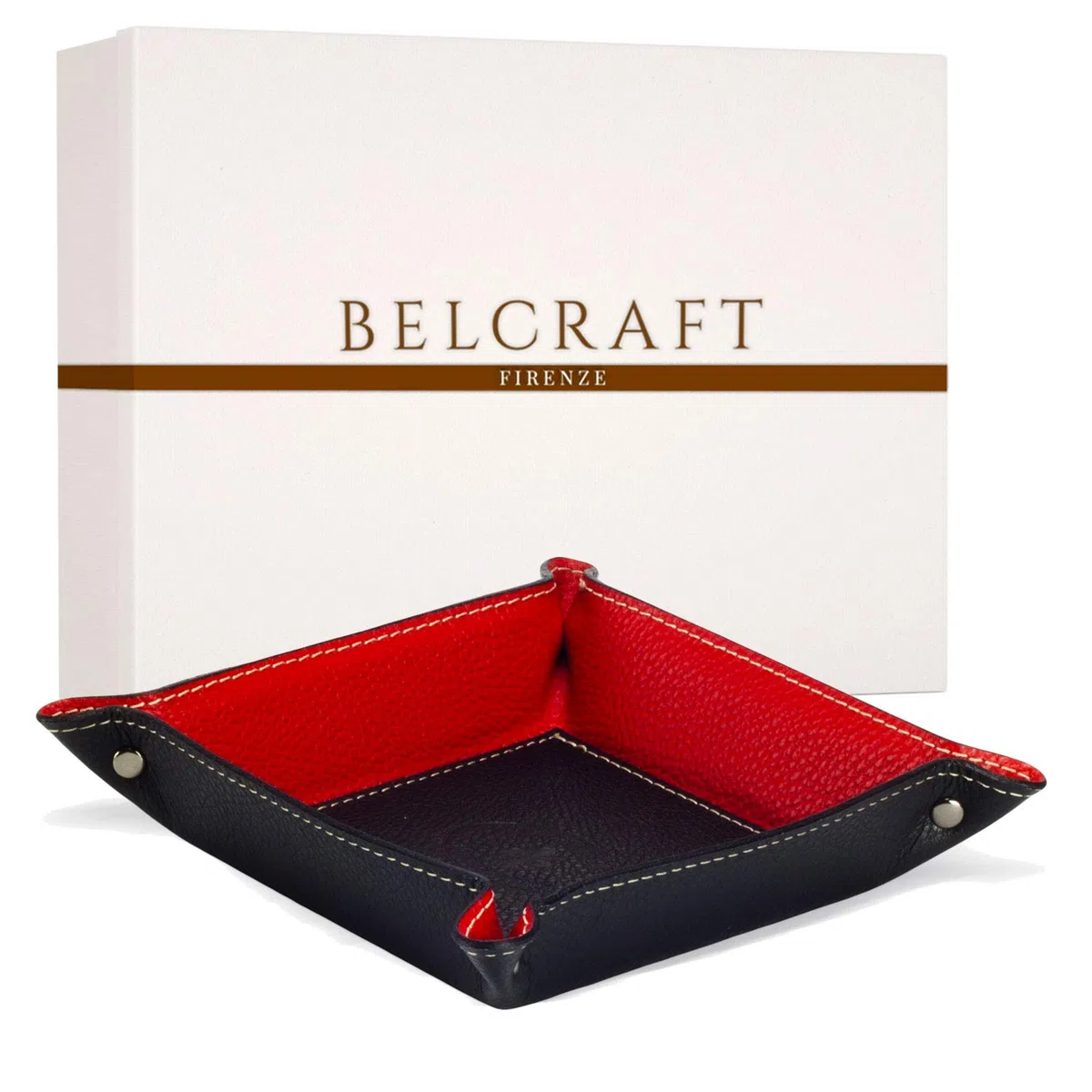 Belcraft Luni Svuotatasche in Pelle, Elegante Pensiero con Scatola Regalo, Realizzato a Mano da Artigiani Toscani, Porta Oggetti, Nero (19x19 cm)