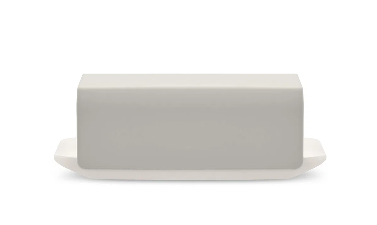 Alessi Mattina BG04 WG Burriera di Design, Realizzata in Porcellana con Coperchio in Acciaio Inossidabile 18/10, Colorata con Resina Epossidica, Warm Grey