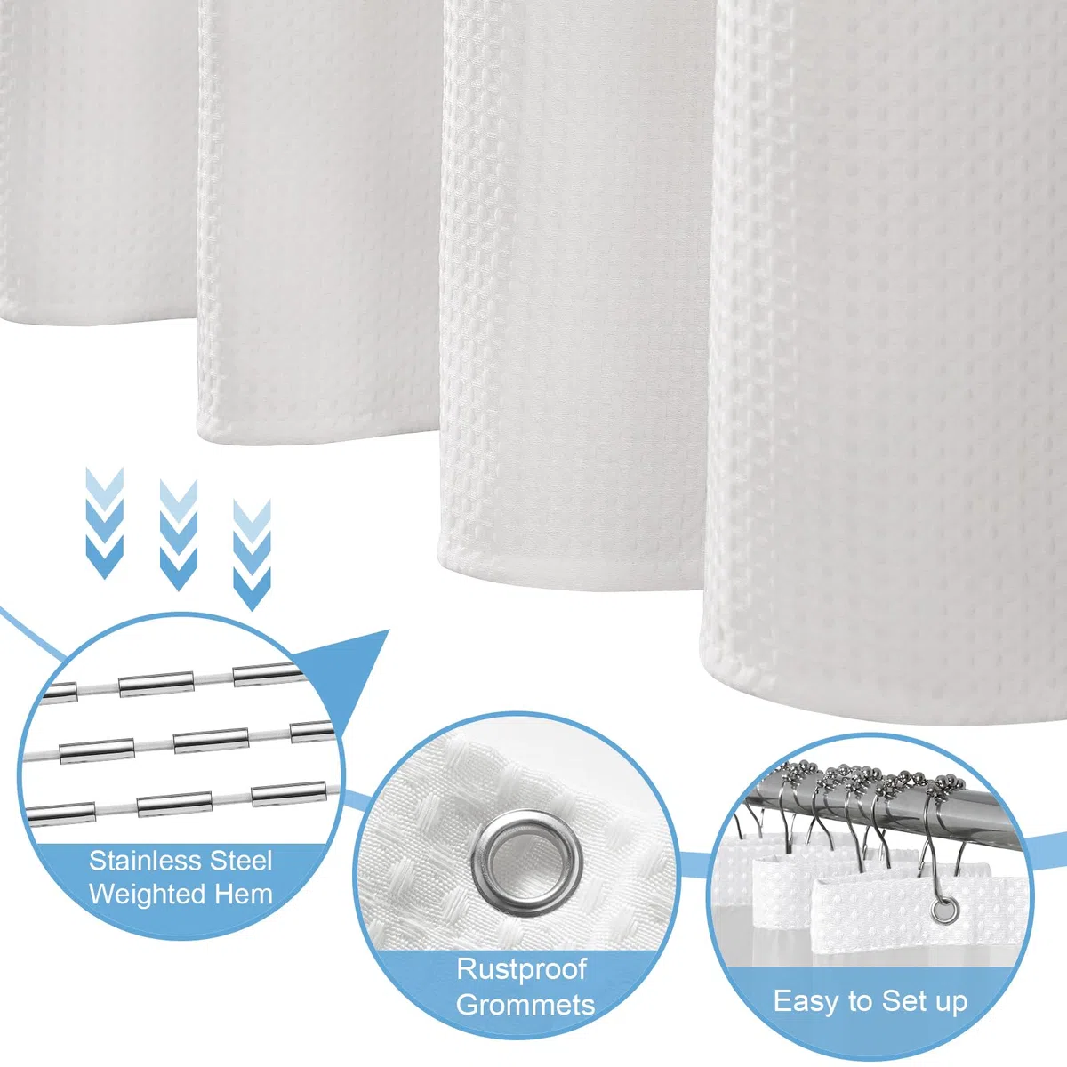 Tenda da doccia a nido d'ape, per bagno, include 12 ganci in acciaio inox, tessuto strutturato, stile alberghiero, impermeabile, lavabile in lavatrice, colore bianco, 183 x 183 cm