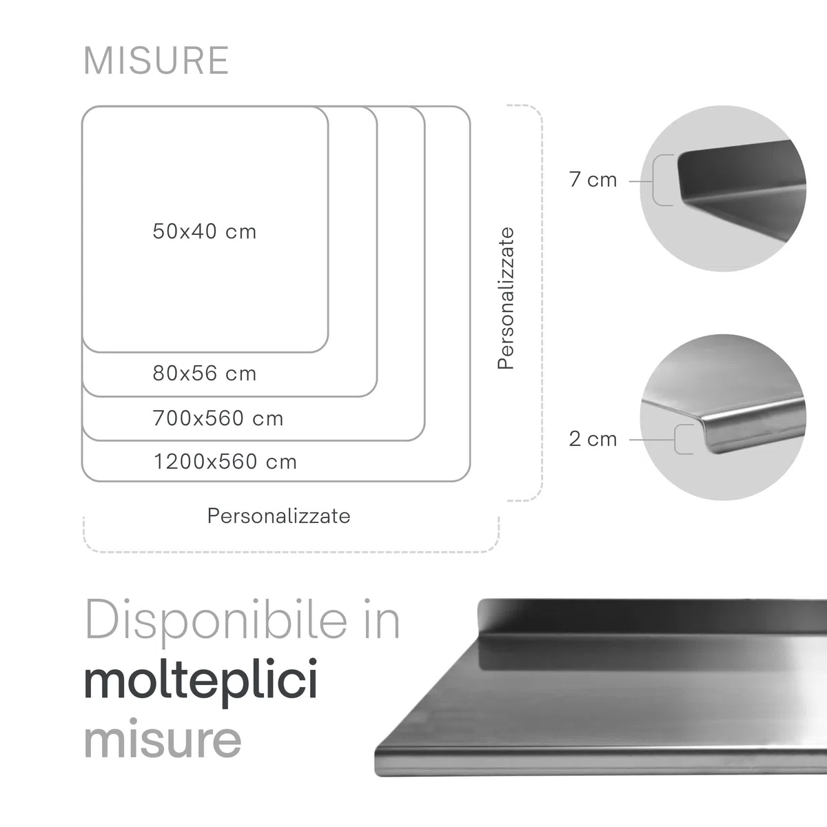 PRM Acciai Tagliere Acciaio Inox - Tagliere da Cucina e Spianatoia Acciaio Inox per Impastare Pizza, Pane, Pasta Sfoglia, Cioccolato e Dolci - 300x500 Con Piega Frontale 20mm. No Alzatina Paraschizzi.