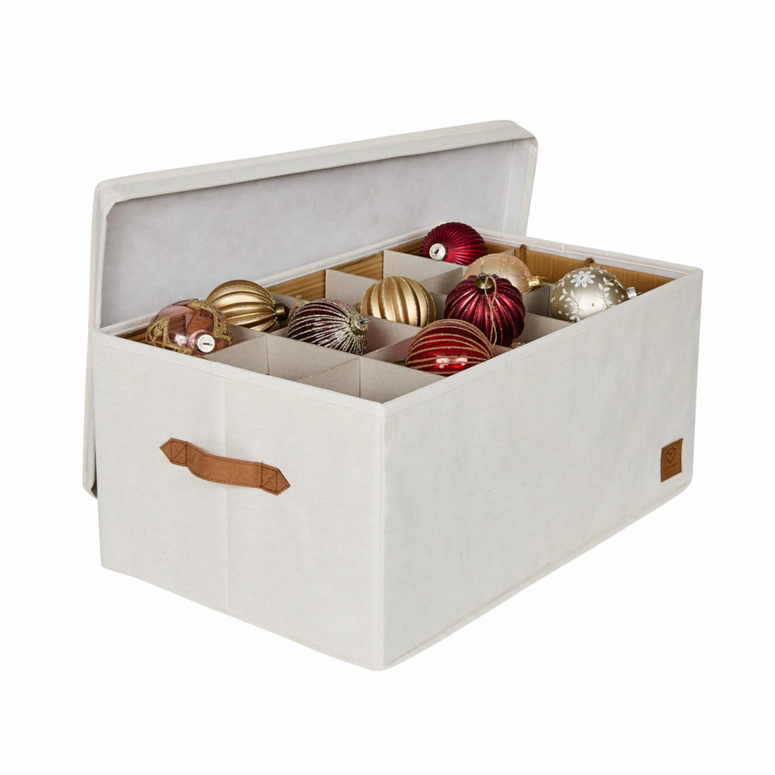 LOVE IT STORE IT - Scatola Portaoggetti Con Coperchio Per Palle di Natale - Con 30 Scomparti, Vassoio Estraibile - Lino-Cotone - Rinforzi In Legno - 58x36x25cm - Beige