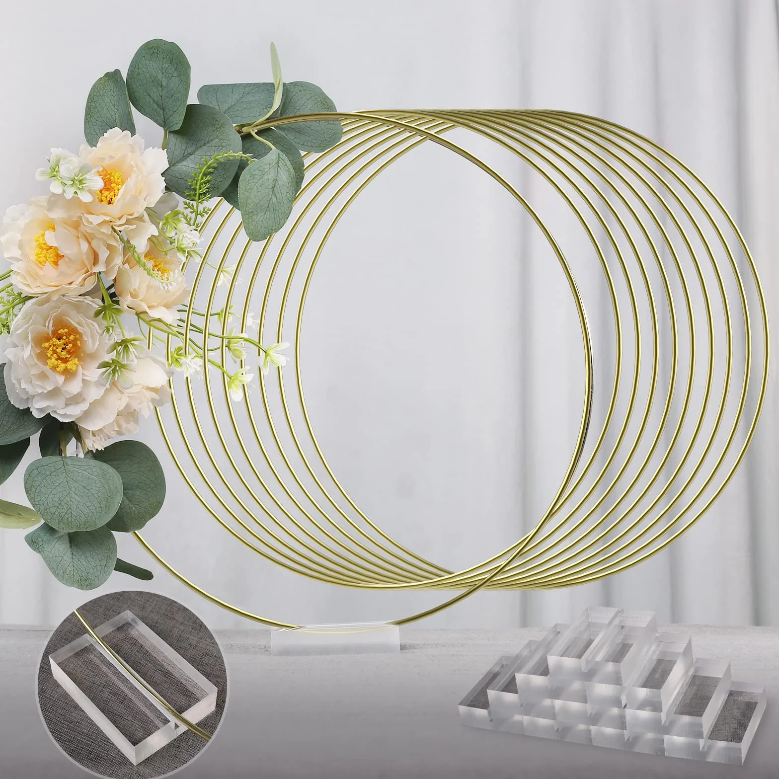 YALLOVE 10 Pezzi 30cm Anello in Metallo per Artigianato, Oro Anello per Ghirlanda con Base in Acrilico per Matrimoni Centrotavola Floreale Fai Da Te Acchiappasogni Decorazioni