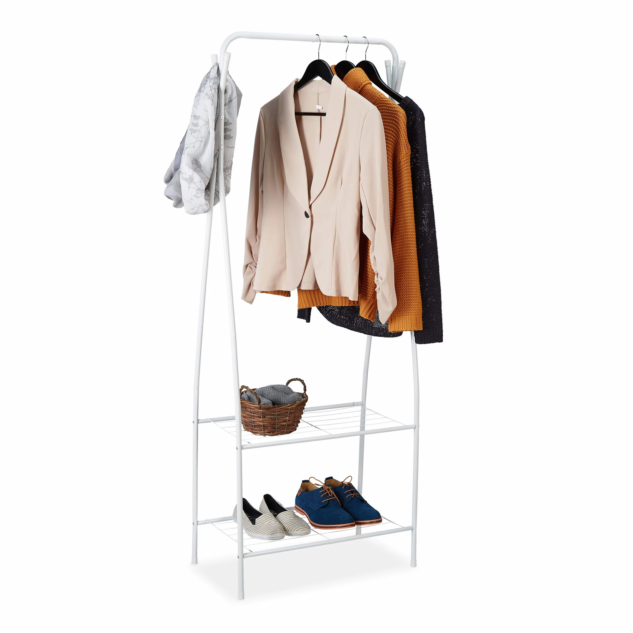 Relaxdays Stand Appendiabiti, Metallo, 2 Ripiani & 4 Ganci, Attaccapanni, Corridoio & Spogliatoio, 158x60x33 cm, bianco