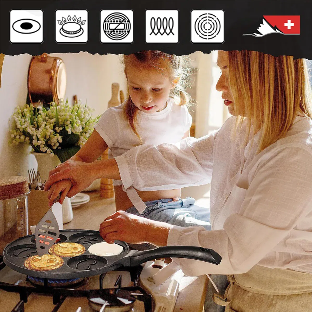 KARL HAUSMANN Padella Pancake Induzione - 26 cm - 7 x Stampo Maker - Antiaderente Pentola Pancakes - Bambini con Motivo Smiley - Padella per Uova Occhio di Bue - Padelle in Alluminio - Pentole Pancake