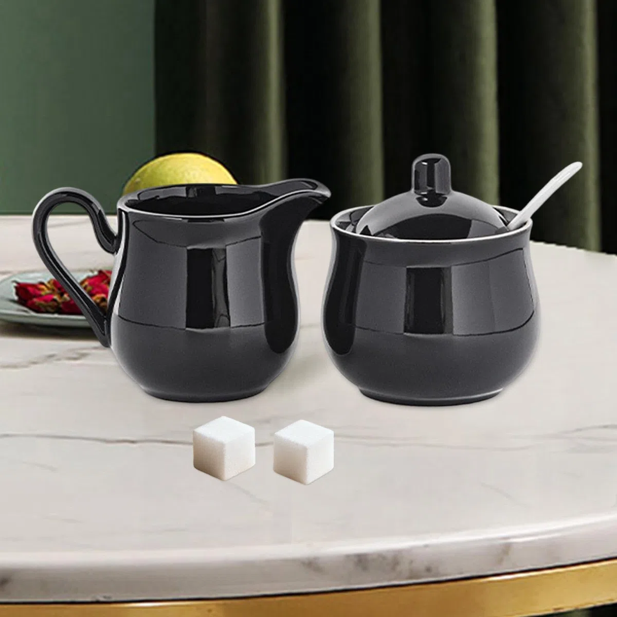 perfk Set di Zuccheriera e Lattiera in Ceramica, Zuccheriera Moderna con Coperchio e Cucchiaio, Saliera da Tavola, Robusto e Elegante, Set da Porta Sale Zucchero Caffè per Uuso Domestico, Nero
