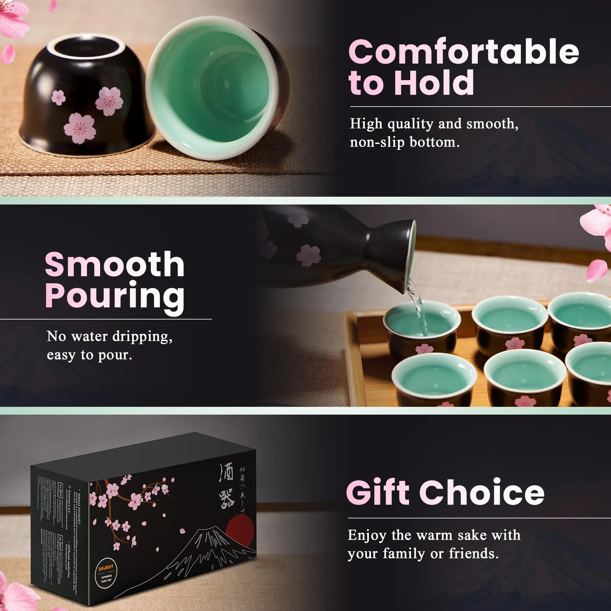 DUJUST Set da sake giapponese da 10 pezzi con scaldino, set da sake in porcellana con disegno Sakura & Fuji, 6 tazze da sake, 1 bottiglia, 1 scaldino, 1 fornello a candela, 1 vassoio e 1 scatola, Nero