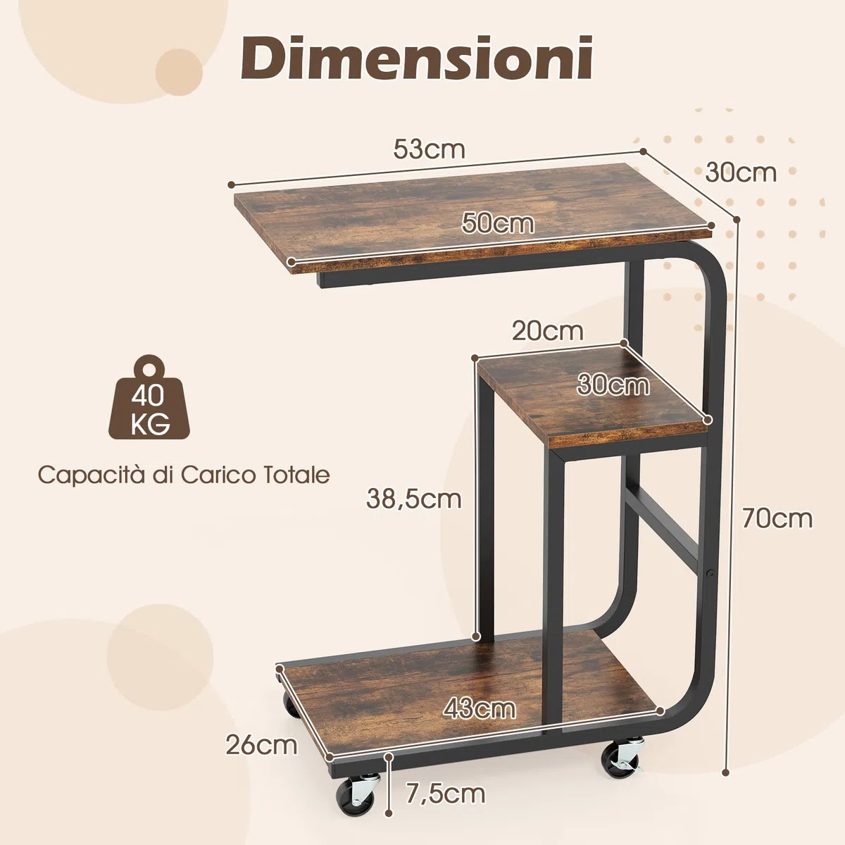 COSTWAY Tavolino Laterale a Forma di C, Tavolino da Salotto con Ruote Bloccabili, Ripiani Aperti e Struttura in Metallo, Tavolino Salvaspazio per Camera da Letto e Soggiorno (1)
