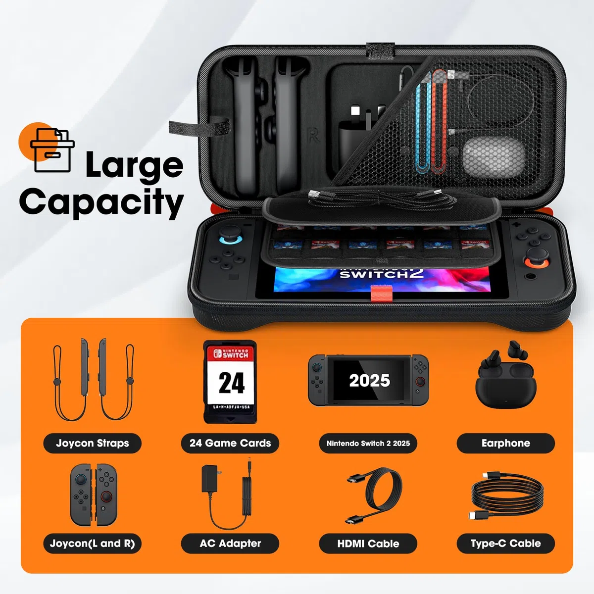 ProCase Borsa per Console Custodia per Nintendo Switch 2 2025, con Slot per Schede 24 Giochi, Custodia Protettiva per Console e Accessori -Nero