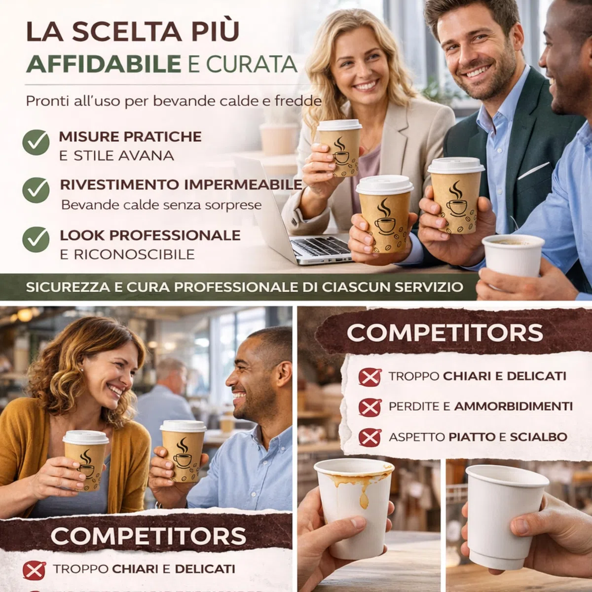 1000 Bicchieri di Carta con Coperchio da 120ml - Rivestimento Interno Impermeabile, Biodegradabile, Look Professionale - Per Bar, Ufficio, Eventi - Colore Avana e Grafica Caffè